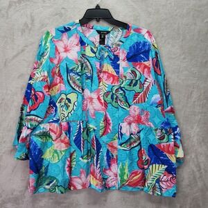 Ali‎ Miles 2X Tropical Floral Tie Neck Tunic Top 3/4 Sleeve Boho Beach Vacation